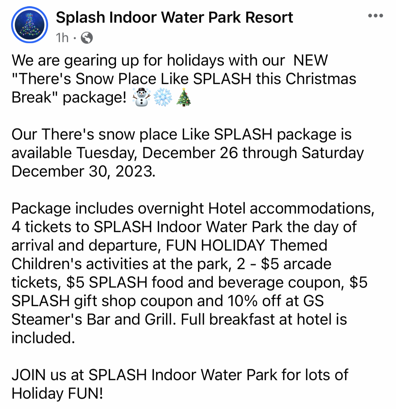 Splash Waterpark Christmas information