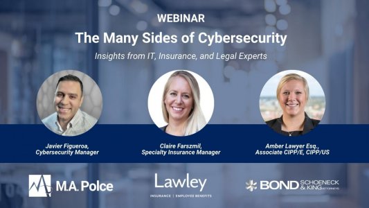 Promotional graphic for a cybersecurity webinar featuring insights from IT, insurance, and legal experts.