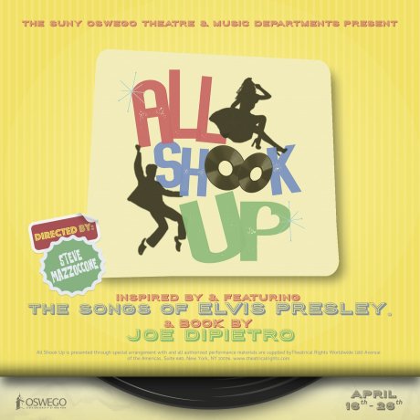 The poster for the spring musical, All Shook Up, features the title of the show in red, blue, and green lettering. The O's in the title are stylized to look like records, and the silhouettes of a male and female individual dance around the title. The background is bright yellow. 