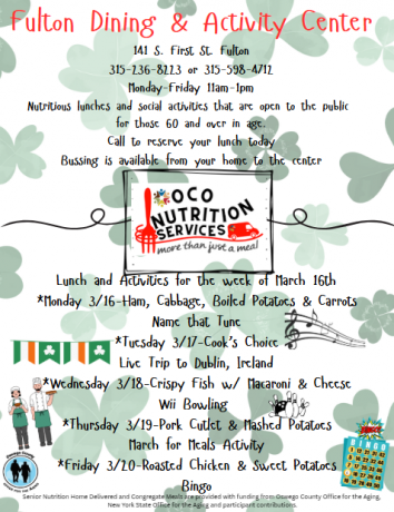 OCO Weekly Menu for March 16-20